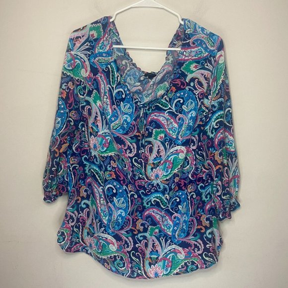 Talbots Tops - Talbots Women L Floral Top Off the Shoulder Blue Colorful Blouse Lightweight
